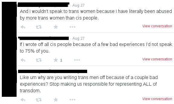 tweet reads "And I wouldn't speak to trans women because I have literally been abused by more trans women than cis people."